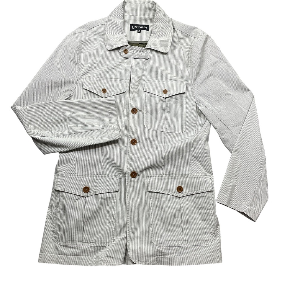 J Peterman 40 Grey Strip‎ Full Button Long Sleeve Jacket  Lined Button Pockets